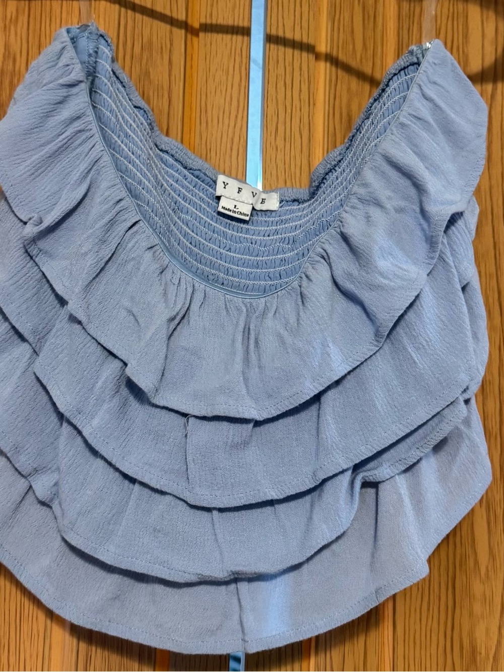 Women's Light Blue Ruffle Bandeau Top with blue ruffle wide leg pants